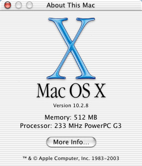 Mac OS 10.2 About Box showing 512 MB of RAM.