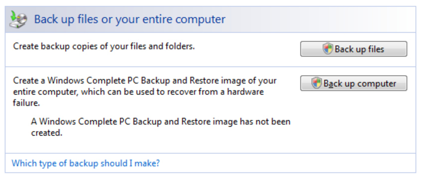 Dialogue box showing Windows Vista Complete PC Backup