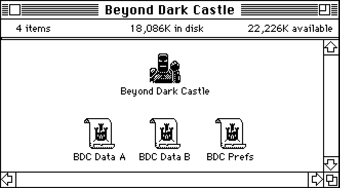 A Macintosh System 6 Finder window showing the icons for the game Beyond Dark Castle
