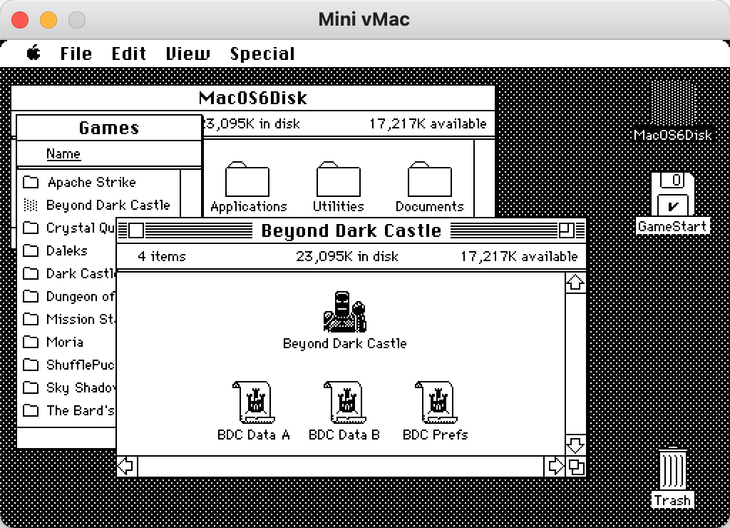 A screenshot of Macintosh System 6 running in an emulator