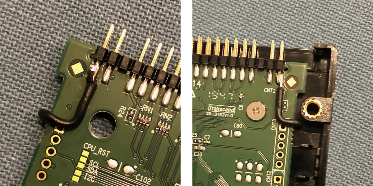 A photo showing the pins of an SSD being internally wired together