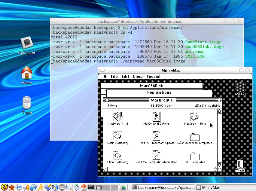 A screenshot showing the emulator Mini vMac running on a Linux desktop