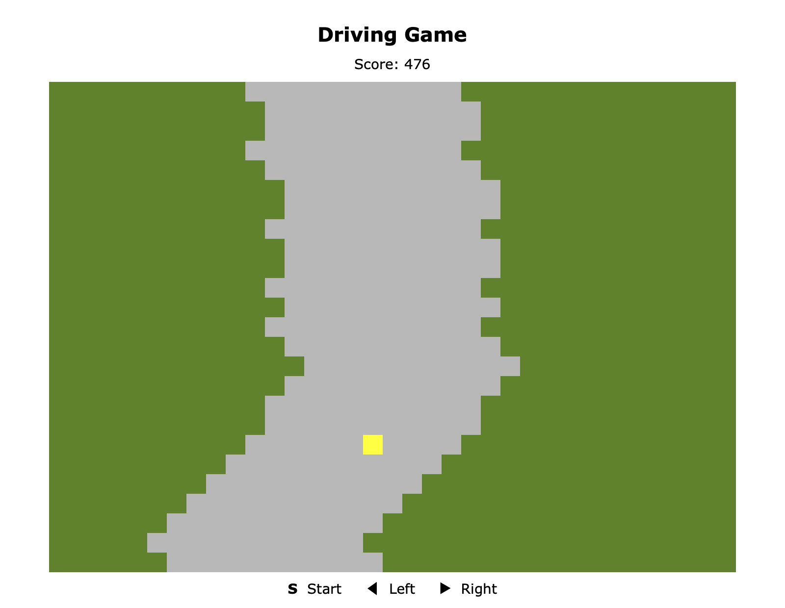 A screenshot of a simple game consisting of a top down view of a yellow block representing a car being driven along a blocky grey road amongst a green backdrop